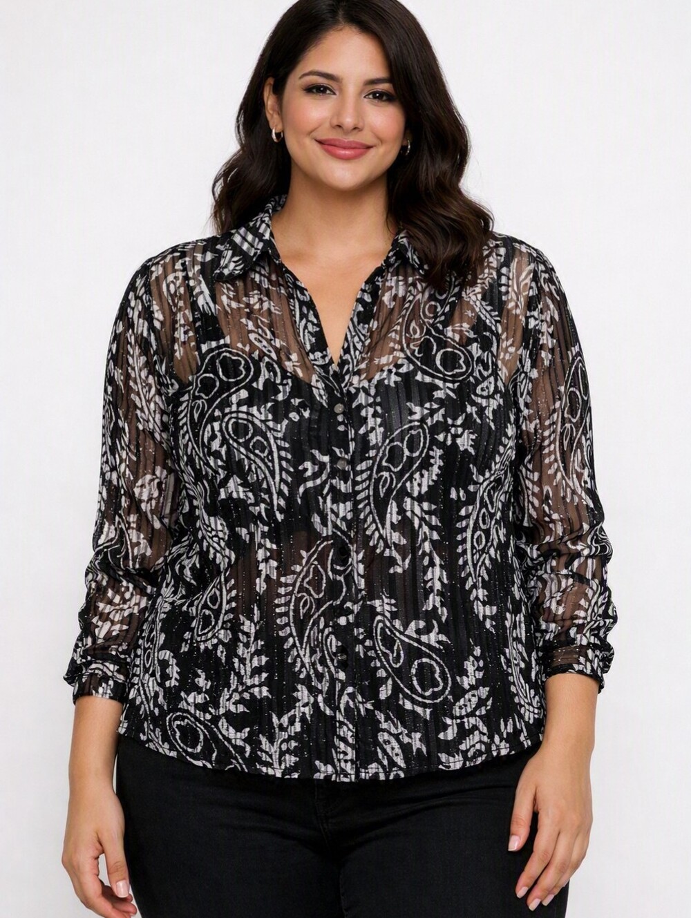 Sheer Black Paisley Button-Front Women's Blouse